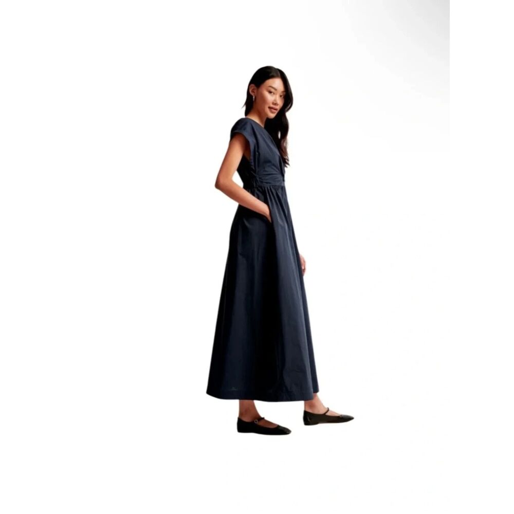 Abercrombie & Fitch Navy Poplin Twist Waist Midi Dress Size Large - Picture 2 of 11